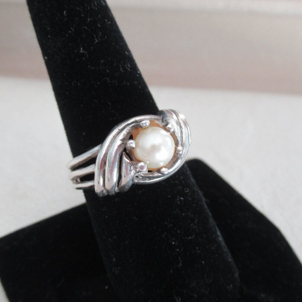 Vintage, Sterling Silver 925 Faux Pearl Ring, Size 8.5 Hallmarked 925